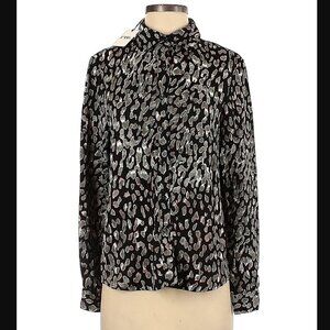 Story Womens Sz Small Bronx Top Leopard Print Button Down Black Gray Long Sleeve
